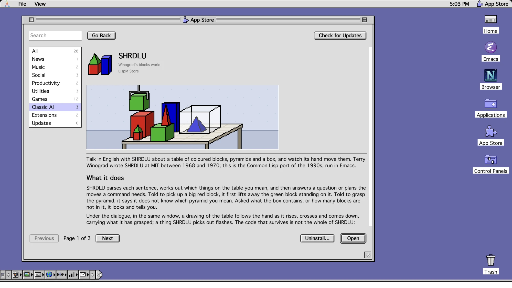 SHRDLU's page in the LispM App Store, with a pixel-art banner and a description.