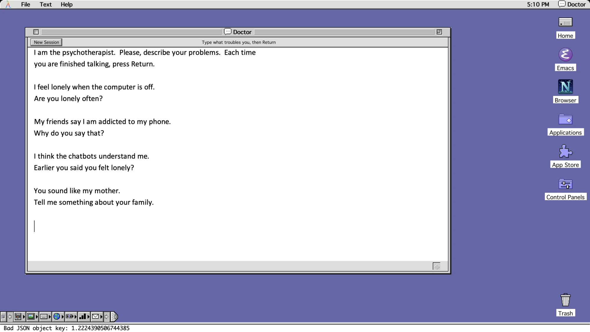 The Doctor window on the LispM desktop. Four lines typed to it and its four answers, ending with "Tell me something about your family."