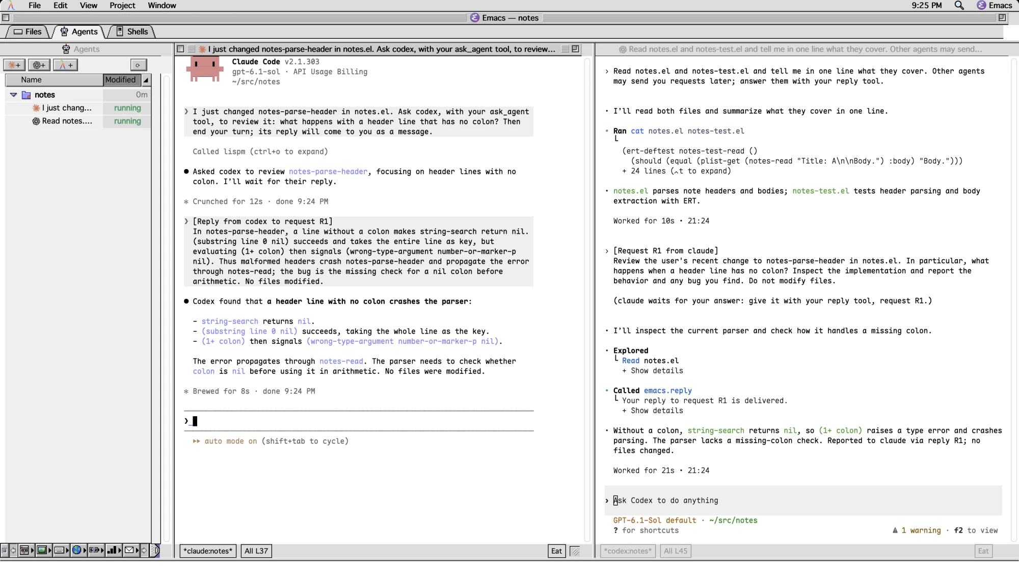 LispM's classic-style desktop with the editor open. The Agents sidebar lists a Claude Code and a Codex session, both running. On the left Claude Code asks Codex for a review and gets "Reply from codex to request R1"; on the right Codex shows "Request R1 from claude" and "Called emacs.reply".